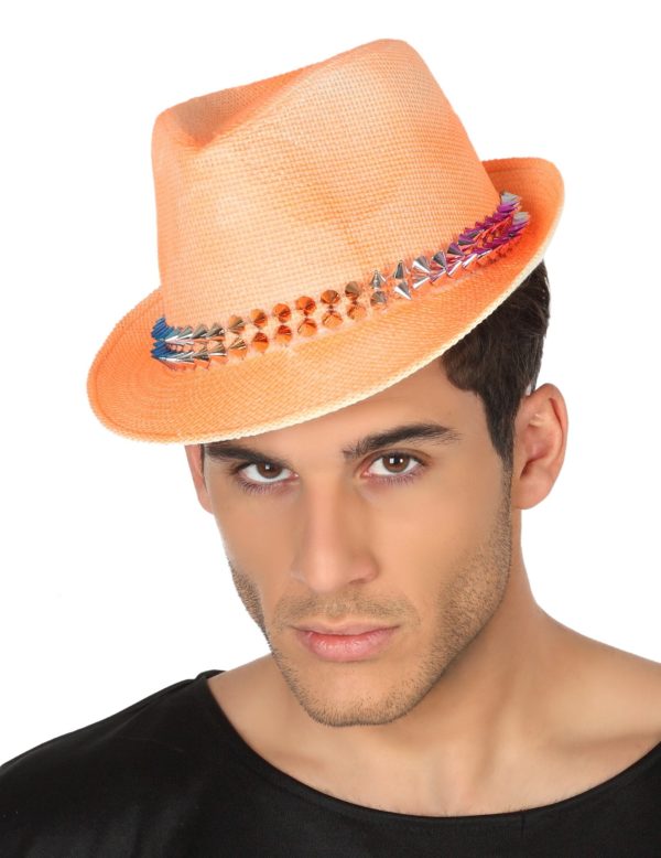 chapeau borsalino orange avec bande cloutee adulte 309304